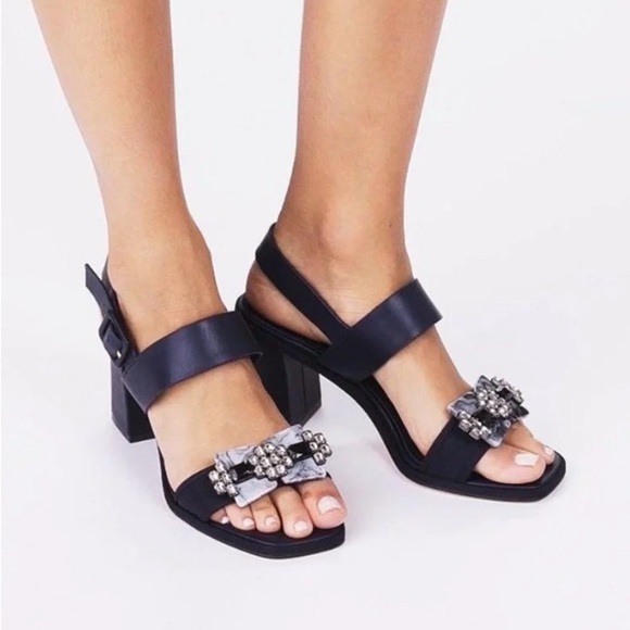 Tory Burch Delany Sandal Navy Leather embellished Block Heels SZ 7.5 - Picture 12 of 13
